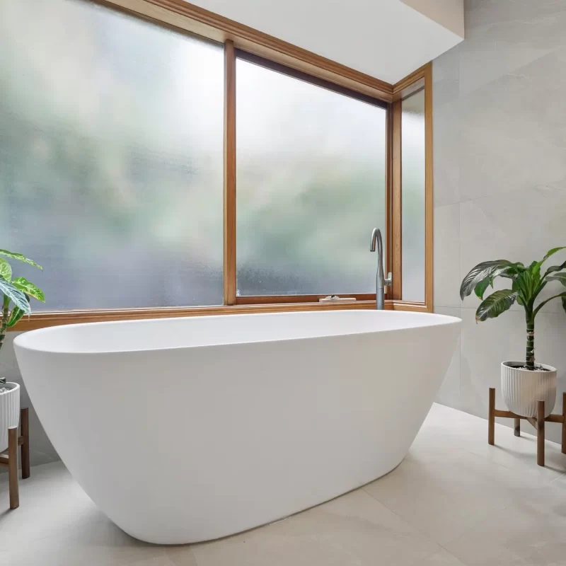 Freestanding bathtub beneath privacy-glazed corner window with floor-mounted mixer and indoor plants.